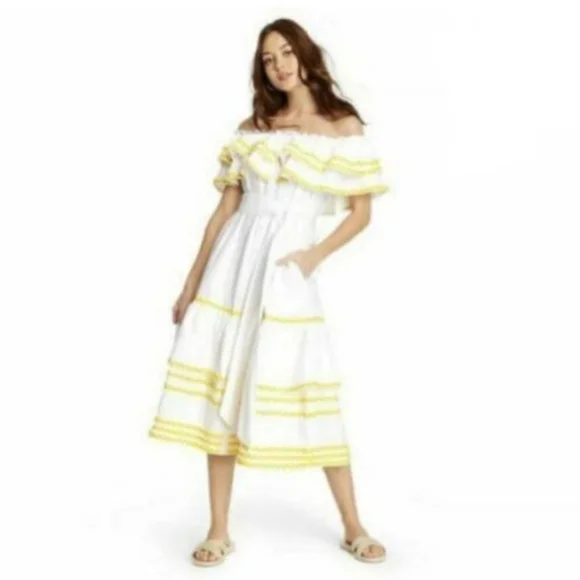 Lisa Marie Fernandez | Dresses | Lisa Marie Fernandez Target White Yellow  Ruffle Off Shoulder Linen Dress New | Poshmark